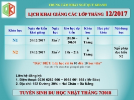 Lịch khai giảng các lớp tiếng Nhật cao cấp Tháng 12/2017