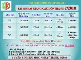 Lịch khai giảng các lớp tiếng Nhật cao cấp Tháng 2/2018