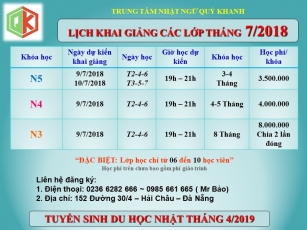 Lịch khai giảng các lớp tiếng Nhật cao cấp Tháng 7/2018