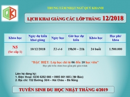 Lịch khai giảng các lớp tiếng Nhật Tháng 12/2018 Lịch khai giảng các lớp tiếng Nhật Tháng 12/2018